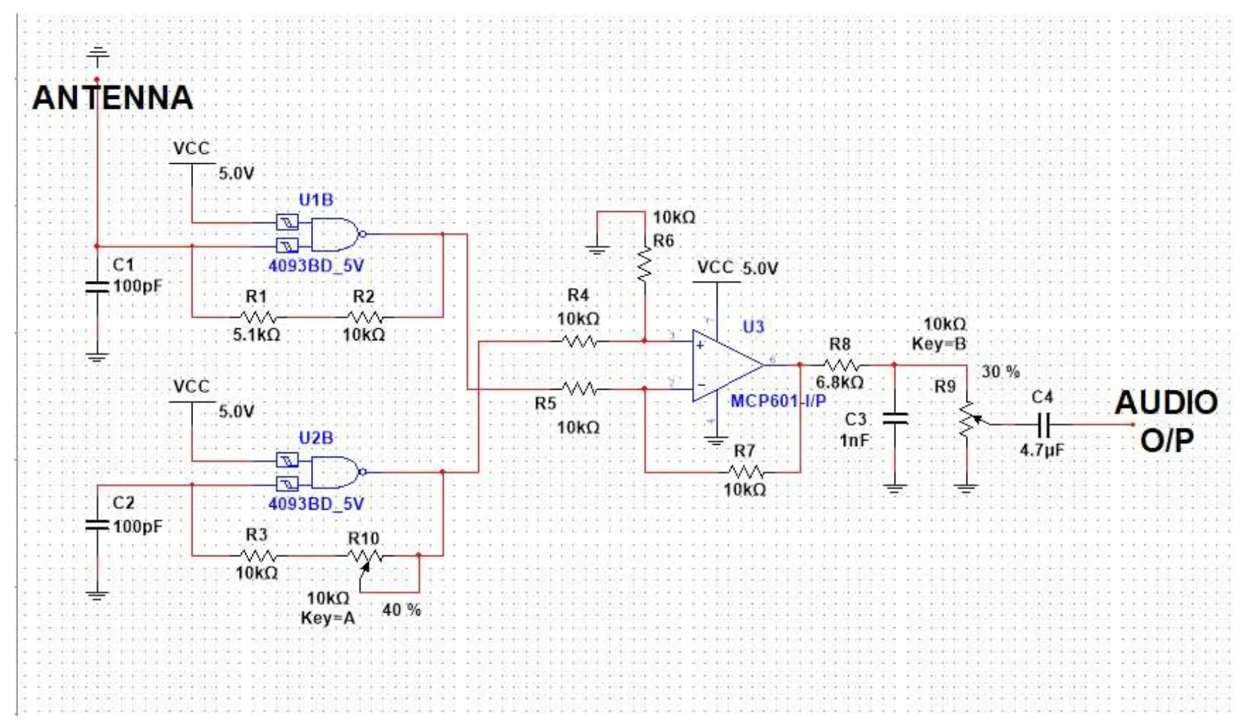 Multisim schematic of the digital theremin attempt — two NAND-gate astable oscillators feeding a differential op-amp