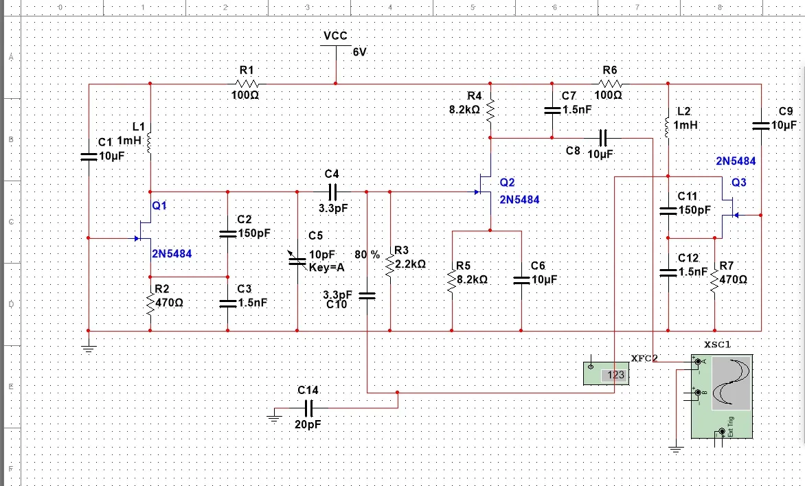 Multisim schematic of the final analog theremin circuit — two Colpitts oscillators built around 2N5484 JFETs feeding a mixer stage, with the pitch antenna's tuning capacitor labeled Key=A